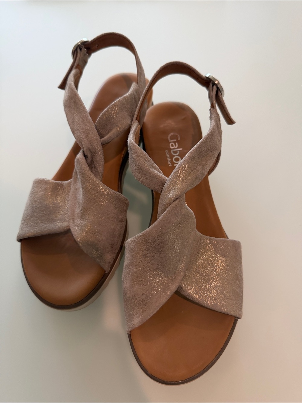 Gabor Metallic Taupe Suede Crisscross Slingback Sandals